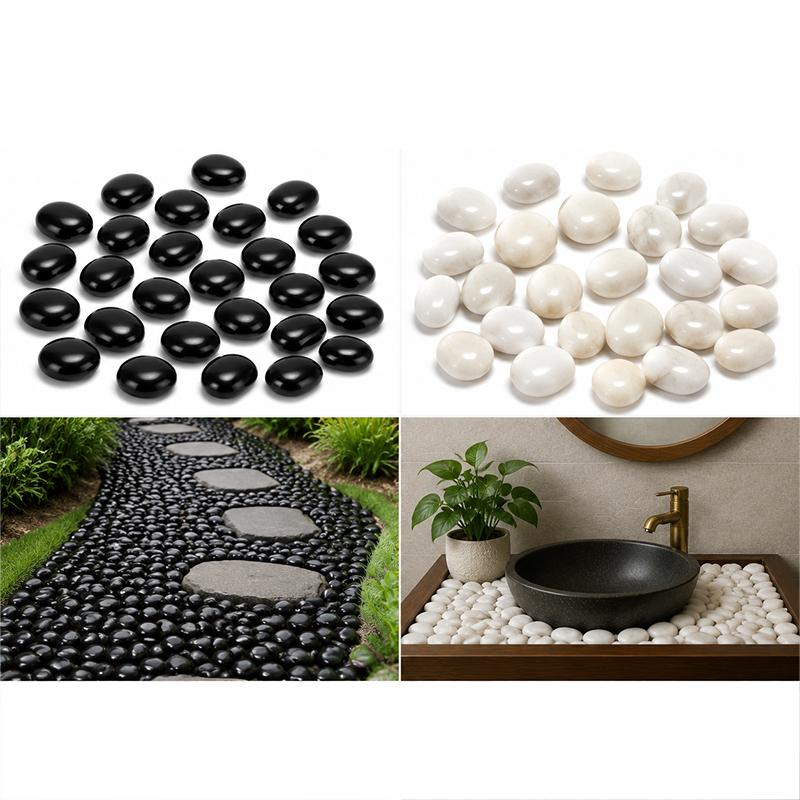Aquarium Fish Black - Weiß-schwarze polierte Flusssteine, 200 g–400 g,