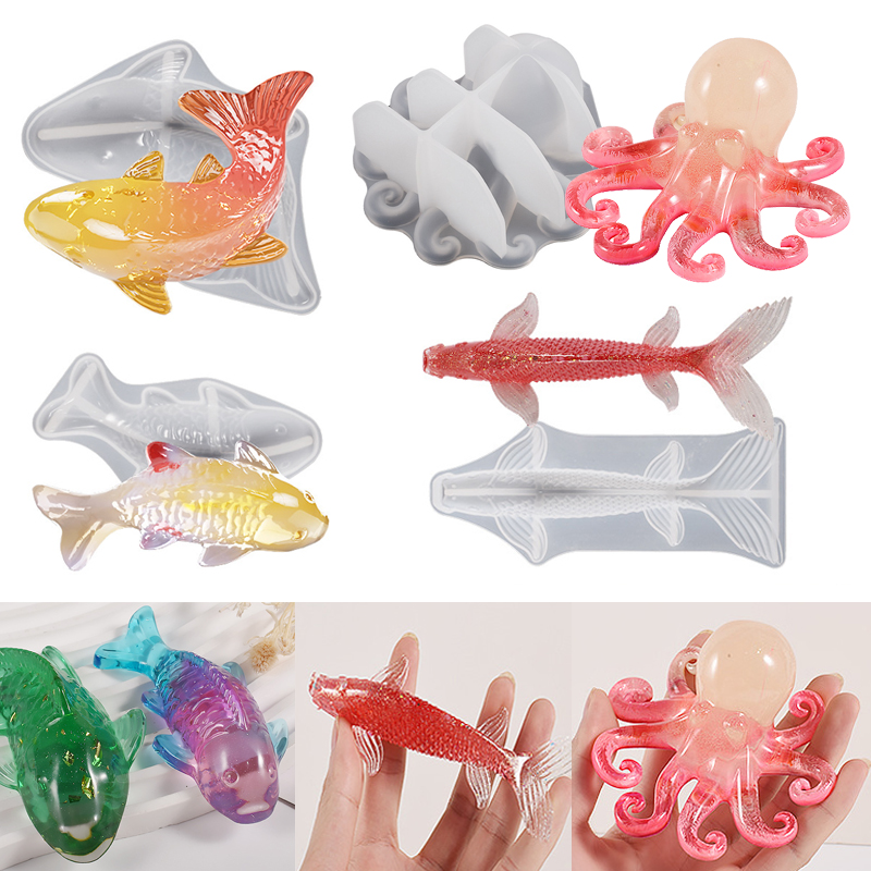Aquarium Fish Land - 3D Koi-Fisch-förmige Epoxidharz-Gießform, Meerestier-Karpfen-Oktopus-Epoxidguss-Silikonform, Aquarium-Dekoration, Schmuckherstellung