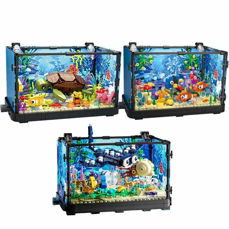 Aquarium Fishing - Aquarium-Baustein-Set mit Licht, Aquarium, Meeresschildkröte, Baustein-Spielzeug